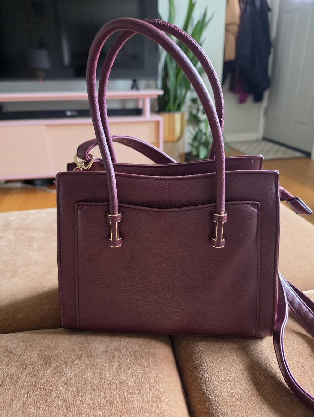 Burgundy Maroon Merlot Handbag Crossbody With Shoulder Strap Gold Hardware